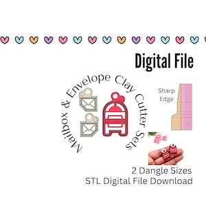 May include: Digital download of two STL files for 3D printing clay cutters. The cutters are shaped like a mailbox and envelope. The image shows the cutters in red and white, with a sharp edge. The text "Mailbox & Envelope Clay Cutter Sets" is in a circle around the cutters. The text "2 Dangle Sizes" and "STL Digital File Download" is below the cutters.