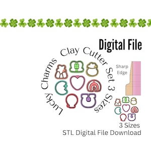 May include: Digital download of three sizes of STL files for a set of lucky charms clay cutters. The cutters include a shamrock, pot of gold, horseshoe, heart, rainbow, and a leprechaun. The cutters are designed with a sharp edge.