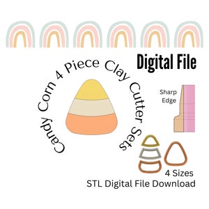 May include: Digital download of four STL files for 3D printing candy corn clay cutters. The cutters are in four sizes and have a sharp edge. The image shows a candy corn illustration and a close-up of the cutter.