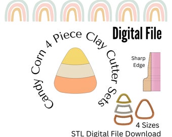 Pode incluir: Download digital de quatro arquivos STL para impressão 3D de cortadores de argila de milho doce. Os cortadores estão disponíveis em quatro tamanhos e têm uma borda afiada. A imagem mostra uma ilustração de milho doce e um close-up do cortador.