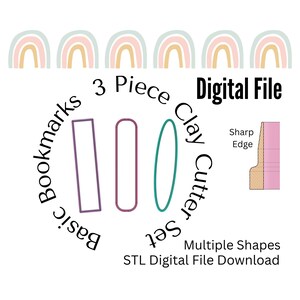 May include: A digital download of three basic bookmark shapes for clay cutters. The shapes are a rectangle, a rounded rectangle, and an oval. The image also includes a diagram of a clay cutter with a sharp edge.