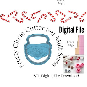 May include: A digital file download for a set of 3D printed cookie cutters. The set includes a Frosty the Snowman cookie cutter and a set of candy cane cookie cutters. The image also shows examples of the cookies that can be made with the cutters.
