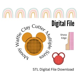 May include: Digital download of an STL file for a 3D printed waffle Mickey Mouse head clay cutter. The cutter is brown with a waffle pattern and has a sharp edge. The image also includes a row of rainbow arches and the text "Mousy Waffle Clay Cutter Multiple Sizes Digital File STL Digital File Download".