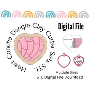 May include: Digital download of STL files for 3D printing heart-shaped concha cookie cutters. The image shows a pink heart-shaped cookie cutter with a detailed design, along with a smaller version of the cutter and a diagram of the cutter's sharp edge.