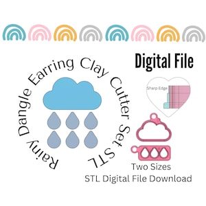 Puede incluir: Descarga de archivo digital para un conjunto de dos archivos STL para un cortador de arcilla de nube lluviosa y gotas de lluvia. Los cortadores están diseñados para hacer aretes colgantes. La imagen muestra una nube azul con cinco gotas de lluvia grises, un corazón rosa con un borde afilado y una versión más pequeña del cortador de nube y gotas de lluvia.