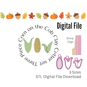 May include: Three piece clay cutter set for making corn on the cob. The set includes three different sizes of cutters, with a sharp edge for clean cuts. The cutters are pink and the image includes a graphic of corn on the cob.