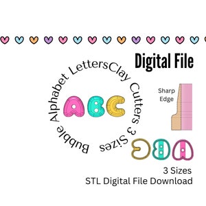 Könnte beinhalten: Ein Satz mit drei Ausstechern in Form von Buchstaben des Alphabets in Rosa, Blau und Gelb. Die Ausstecher sind so konzipiert, dass sie Blasenbuchstaben erzeugen. Das Bild zeigt auch eine Nahaufnahme der Ausstecher mit einer scharfen Kante. Der Text auf dem Bild lautet "Bubble Alphabet Letters Clay Cutters 3 Sizes" und "STL Digital File Download".
