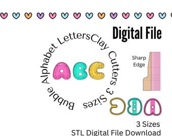 May include: A set of three alphabet letter cookie cutters in pink, blue, and yellow. The cutters are designed to create bubble letters. The image also shows a close-up of the cutters with a sharp edge. The text on the image reads "Bubble Alphabet Letters Clay Cutters 3 Sizes" and "STL Digital File Download".