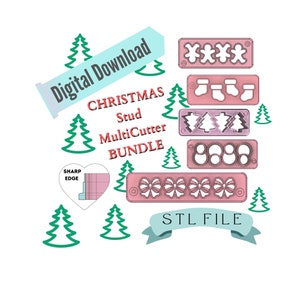 May include: Digital download of a Christmas cookie cutter bundle. The bundle includes a variety of shapes, including a Christmas tree, a stocking, a bow, a snowman, and a circle. The cutters are pink and have a sharp edge. The text "STL FILE" is displayed on a blue ribbon.