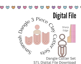 Pode incluir: Arquivo digital para um conjunto de 3 cortadores de argila. O design inclui um topo em forma de pessoa e duas formas arqueadas. O texto "Savannah Dangle Clay Cutter Sets" está em um arranjo circular. As palavras "Digital File" e "STL Digital File Download" também estão presentes.