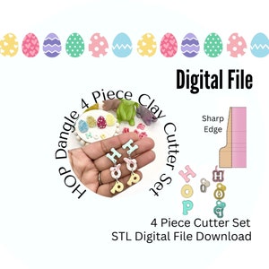 Puede incluir: Un juego de cuatro cortadores de arcilla con forma de las letras H, O y P. Los cortadores están diseñados para crear aretes colgantes. La imagen incluye un primer plano de los cortadores y un gráfico de descarga de archivos digitales. El texto "HOP Dangle 4 Piece Clay Cutter Set" es visible en la imagen.