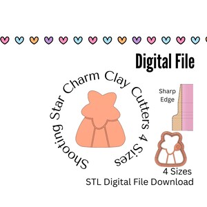 May include: Digital file download for a shooting star charm clay cutter in four sizes. The cutter is peach colored with a star on top. The text "Shooting Star Charm Clay Cutters 4 Sizes" is written in a circle around the cutter. The text "STL Digital File Download" is written below the cutter.