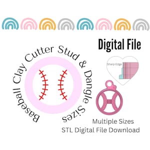 May include: Digital download STL file for a baseball cutter stud and dangle charm. The design features a pink baseball with red stitching. The image also shows a diagram of the cutter with a sharp edge.