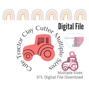 May include: A digital download of an STL file for a 3D printed tractor clay cutter. The cutter is pink and has a sharp edge. The image includes the text "Cute Tractor Clay Cutter Multiple Sizes" and "STL Digital File Download".