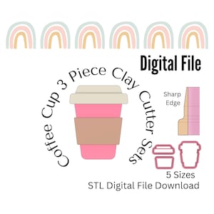 Puede incluir: Descarga de archivo digital para un juego de 3 cortadores de arcilla para tazas de café. El juego incluye 5 tamaños de tazas de café y un cortador de borde afilado. La imagen muestra una taza de café rosa con una manga marrón y una tapa blanca.