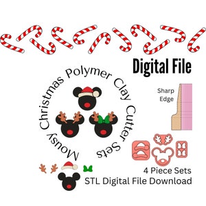May include: Digital file for polymer clay cutters. The image shows a set of Christmas-themed cutters, including Mickey Mouse-inspired designs with Santa hats, reindeer antlers, and bows. The text "Digital File" and "4 Piece Sets" are also visible.