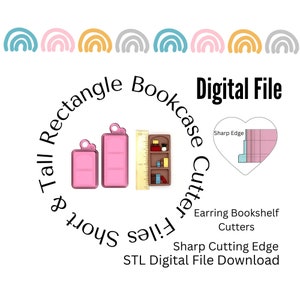 Puede incluir: Descarga de archivo digital para un conjunto de archivos STL para impresión 3D. Los archivos son para una estantería de libros rectangular alta y baja y una estantería de libros para pendientes. La imagen muestra una estantería de libros rosa, una regla y un diagrama de la estantería con un borde de corte afilado.