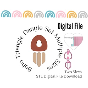 May include: Digital download of STL files for a set of boho triangle dangle earrings. The set includes two sizes of earrings, each with a brown teardrop shape and three tan rectangular shapes. The image also includes a close-up of the earring design with a sharp edge.