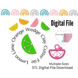 May include: Digital download of STL files for 3D printing clay cutters shaped like lemon, lime, and orange wedges. The cutters are pink and feature a sharp edge. The image also includes a graphic of the cutters in use.