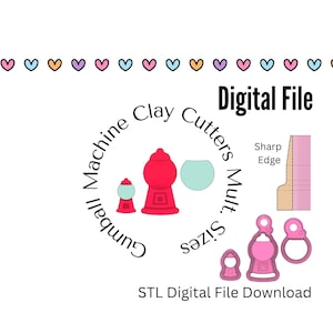 May include: Digital file download for a set of 3D printed gumball machine clay cutters. The cutters are in various sizes and come with a sharp edge. The image shows a pink gumball machine and a clear gumball bowl.