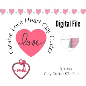 May include: Digital download of a cursive love heart clay cutter design. The image shows a pink heart with the word "love" written in cursive inside. The design is available in three sizes.