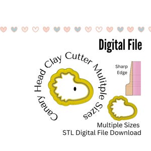 Könnte beinhalten: Ein digitaler Download für einen 3D-druckbaren Kanarienvogelkopf-Tontöchter. Der Ausstecher ist gelb und hat eine scharfe Kante. Das Bild enthält den Text "Canary Head Clay Cutter Multiple Sizes" und "STL Digital File Download".
