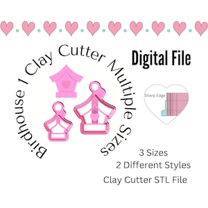 May include: Digital file for a clay cutter in the shape of a birdhouse with a heart on the front. The file comes in three sizes and two styles. The image shows a pink birdhouse with a heart on the front.
