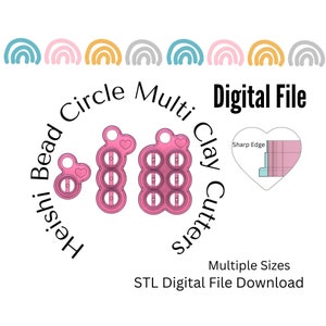 May include: Digital download of STL files for 3D printing a set of pink circle clay cutters. The cutters are shaped like a heart, a single circle, and a row of six circles. The text "Circle Multi Clay Cutters" is written around the cutters.