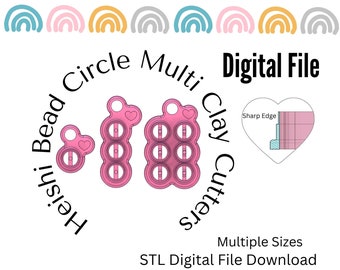 May include: Digital download of STL files for 3D printing a set of pink circle clay cutters. The cutters are shaped like a heart, a single circle, and a row of six circles. The text "Circle Multi Clay Cutters" is written around the cutters.