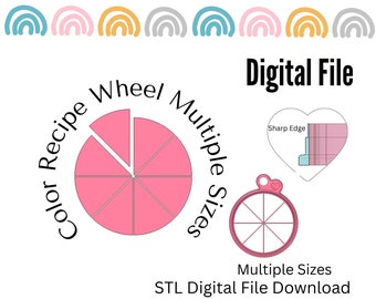 May include: A digital file download for a 3D printable color wheel with multiple sizes. The wheel is divided into eight sections and has a pink color. The image also shows a heart-shaped design with a sharp edge.