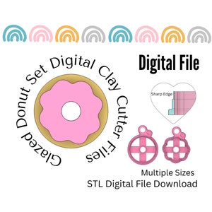 Puede incluir: Descarga digital de archivos STL para un cortador de arcilla de donut glaseado. El cortador es rosa y tiene un agujero en el centro. La imagen también muestra un cortador en forma de corazón con un borde afilado.