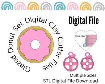 Puede incluir: Descarga digital de archivos STL para un cortador de arcilla de donut glaseado. El cortador es rosa y tiene un agujero en el centro. La imagen también muestra un cortador en forma de corazón con un borde afilado.
