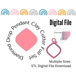 May include: Digital download of STL files for a set of clay cutters. The set includes a diamond drop pendant shape and a heart shape with a sharp edge. The cutters are pink and are shown on a white background.