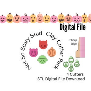 Puede incluir: Un conjunto de cuatro cortadores de arcilla impresos en 3D con diseños de temática de Halloween. Los cortadores tienen forma de calabaza, monstruo, diablo y fantasma. Los cortadores están diseñados para ser utilizados con arcilla polimérica, fondant u otros materiales de manualidades. La imagen también incluye el texto "Not So Scary Stud Clay Cutter Pack".