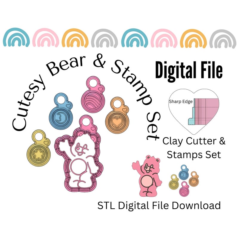 May include: A digital download of STL files for a clay cutter and stamp set featuring a bear and hearts. The set includes a bear-shaped cutter, a heart-shaped cutter, and four smaller heart-shaped stamps. The text "Cutesy Bear & Stamp Set" is written in a circular pattern around the cutters and stamps.
