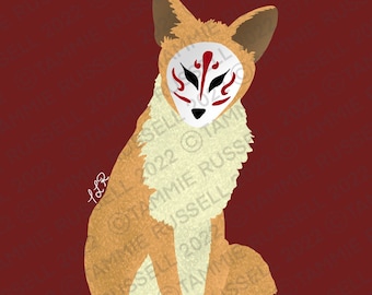 Könnte beinhalten: Eine digitale Illustration eines Fuchses, der eine rot-weiße japanische Maske trägt. Der Fuchs sitzt auf einem roten Hintergrund.