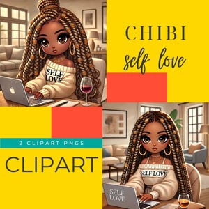 May include: Digital illustration of a Black woman with brown box braids, wearing a white sweater with the text "Self Love" on it, sitting at a desk with a laptop and a glass of wine. The background is a yellow and orange colour scheme.