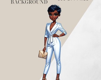 Modern Black Woman in White Outfit Clip Art | Statement Fashion Graphic | Transparent PNG File