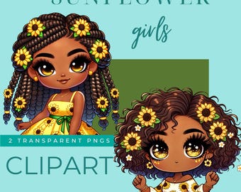 Sunflower Chibi Clip Art,  2 eye-catching transparent PNG images, fashion, 3600x3600px,  Instant Download High-Resolution Clipart