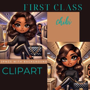 May include: Digital clipart of a cartoon woman in a first-class airplane seat, wearing a black outfit and holding a champagne glass. A black purse with a gold chain sits beside her. Text includes "FIRST CLASS", "chibi", and "CLIPART".