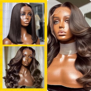 May include: Three wigs are displayed, each featuring a different hairstyle. The wigs are various shades of brown, with one having a straight, shoulder-length cut. Another wig has long, wavy curls, and the third has voluminous, flowing waves. All wigs have a lace front.