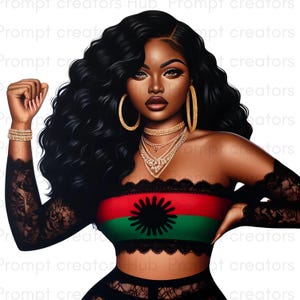 May include: Digital illustration of a woman with long, black curly hair, wearing gold jewelry, including hoop earrings and layered necklaces. She is wearing a red, green, and black crop top with a black lace trim and sleeves. The image has the text "Prompt creators Hub Prompt creators".