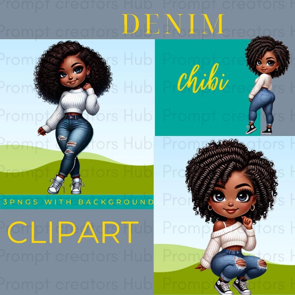 Denim Chibi Clip Art | 3 PNGs|Black Woman Digital Clip Art Scene3600x3600 PNG Instant Download High-Resolution Clipart
