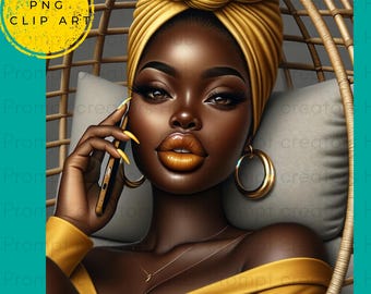7 PNG bundle Black Women Journaling & Cell phone Clipart | 3600x3600 PNG | Stylish Images