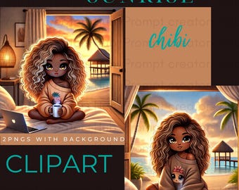 Sunrise Chibi Clip Art | 2 PNGs|Black Woman Digital Clip Art Scene3600x3600 PNG Instant Download High-Resolution Clipart