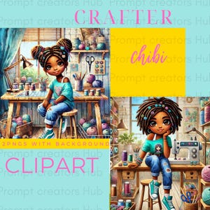 May include: Digital clipart showing two illustrations of a crafter in a workshop setting. The crafters are depicted as chibi characters, surrounded by crafting supplies like yarn, scissors, and sewing machines. The image includes the text "CRAFTER", "chibi", and "CLIPART".