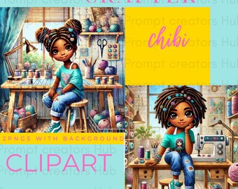 Crafter Chibi Clip Art | 2 PNGs|Black Woman Digital Clip Art Scene3600x3600 PNG Instant Download High-Resolution Clipart