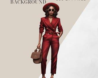 Glam Red Fashion Illustration Beautiful Black Woman Clipart 300 DPI PNG Instant Download