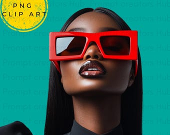 Black Woman Red glasses 3 PNG| Stylish Afrocentric Art| 3600x3600 Transparent PNG, stock photo image,  Afro Woman Art, digital download