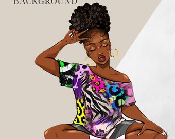 Trendy Black Woman PNG Clip Art Peace Sign Illustration for Stickers, Shirts & Journals